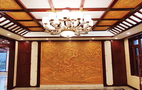东兴中式别墅客厅中式木作横梁吊顶装饰展示