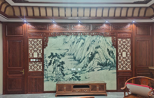 东兴中式仿古别墅客厅背景墙花格木作装饰
